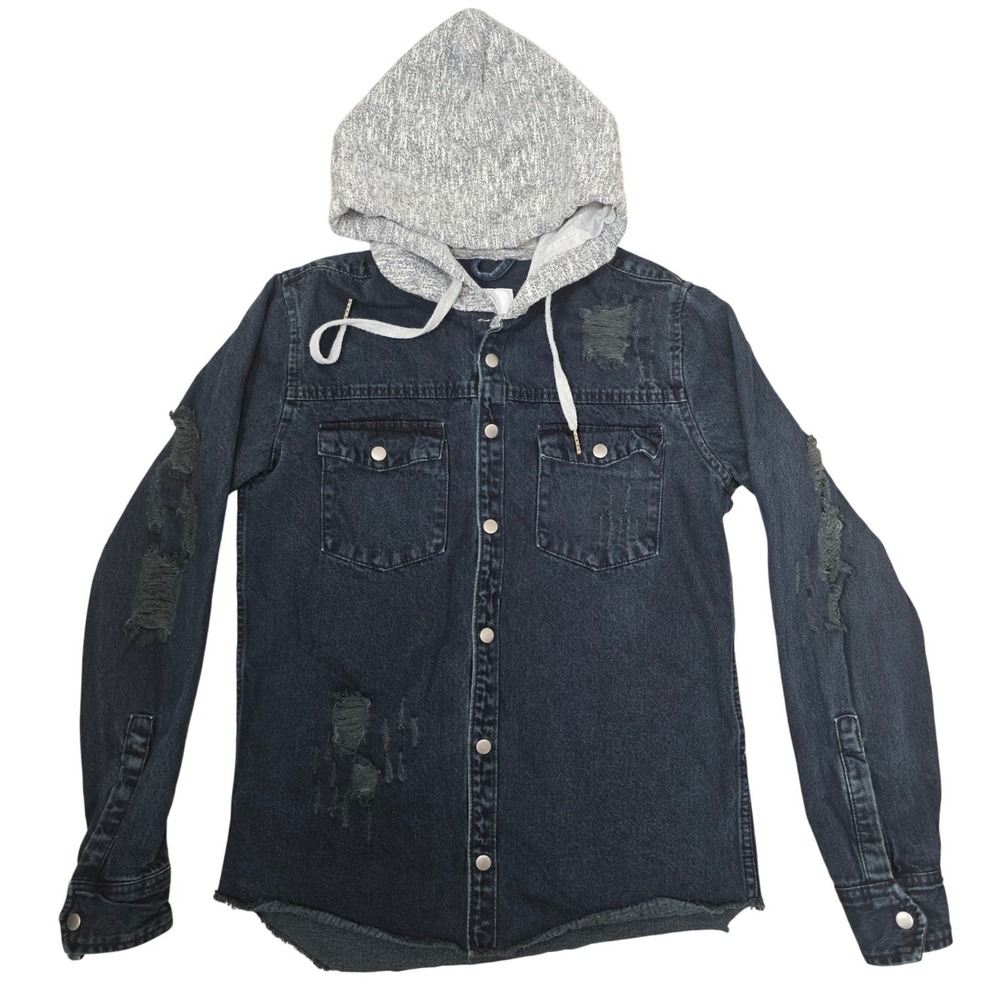 Cotton On 91 Mens Distressed Denim Hooded Shirt Jacket Dark Wash Size M